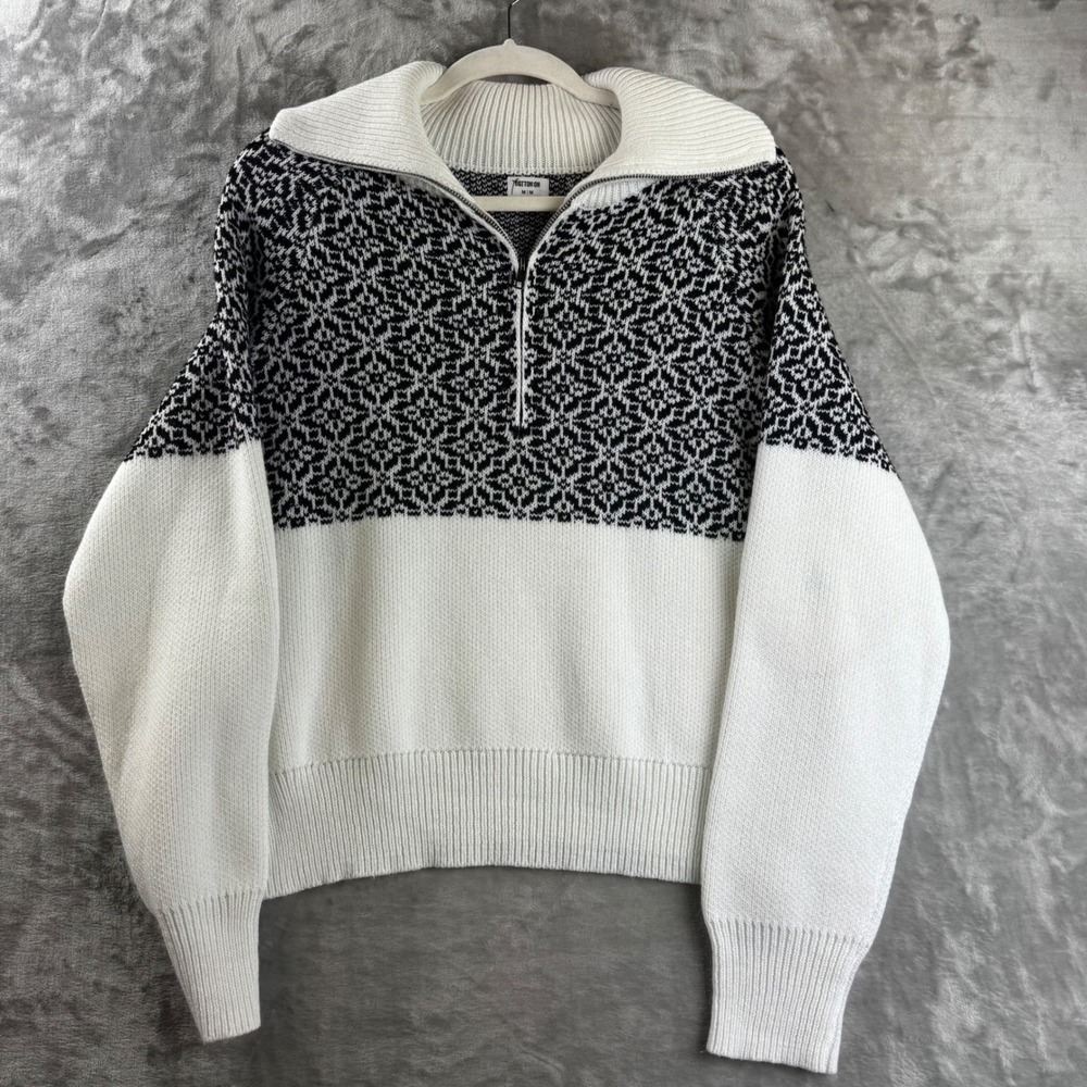 Cotton On Sweater Women Medium White Black Fair Isle Quarter Zip Pullover (1757) - Picture 1 of 8